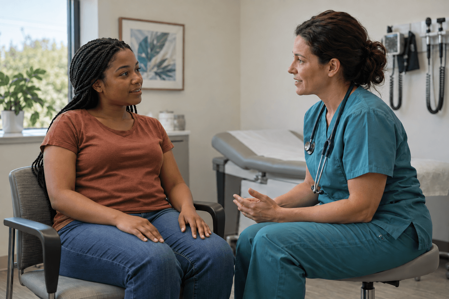 Illustrative scene of a young adult patient in everyday clothes speaking with a nurse