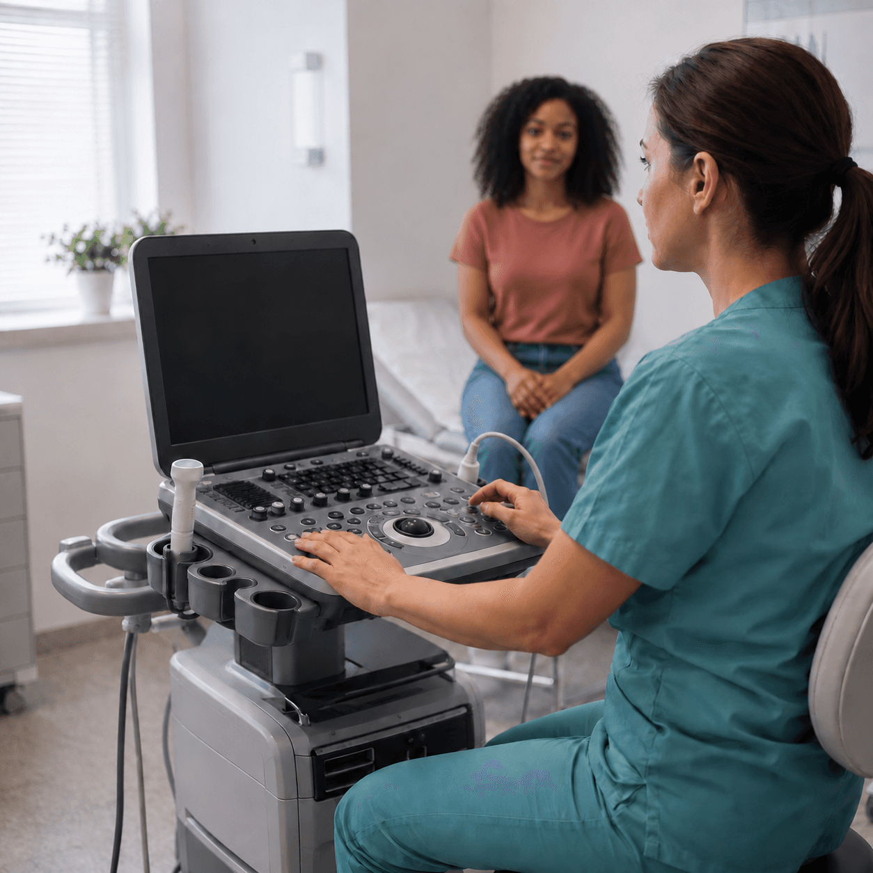 Illustrative scene of a clinician preparing ultrasound equipment while a patient waits in an exam room