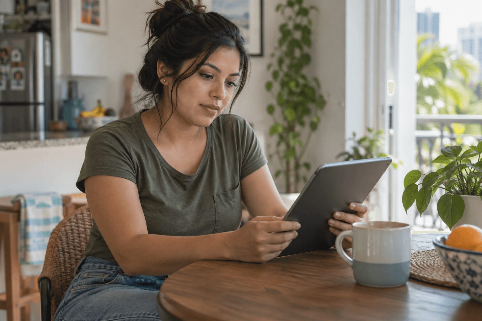 Illustrative scene of a young adult woman reading health information on a tablet at home