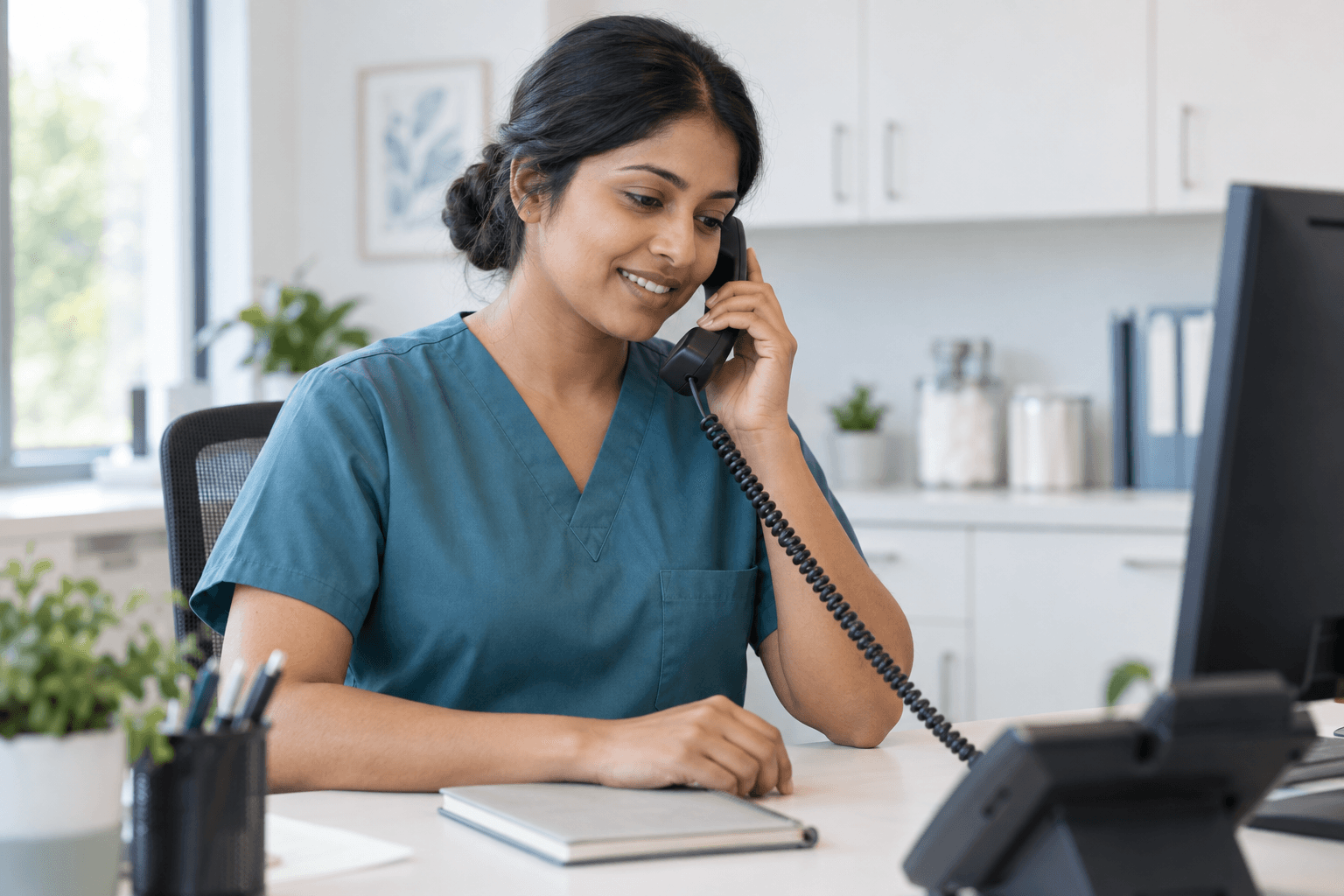 Illustrative scene of a nurse assisting a caller by phone