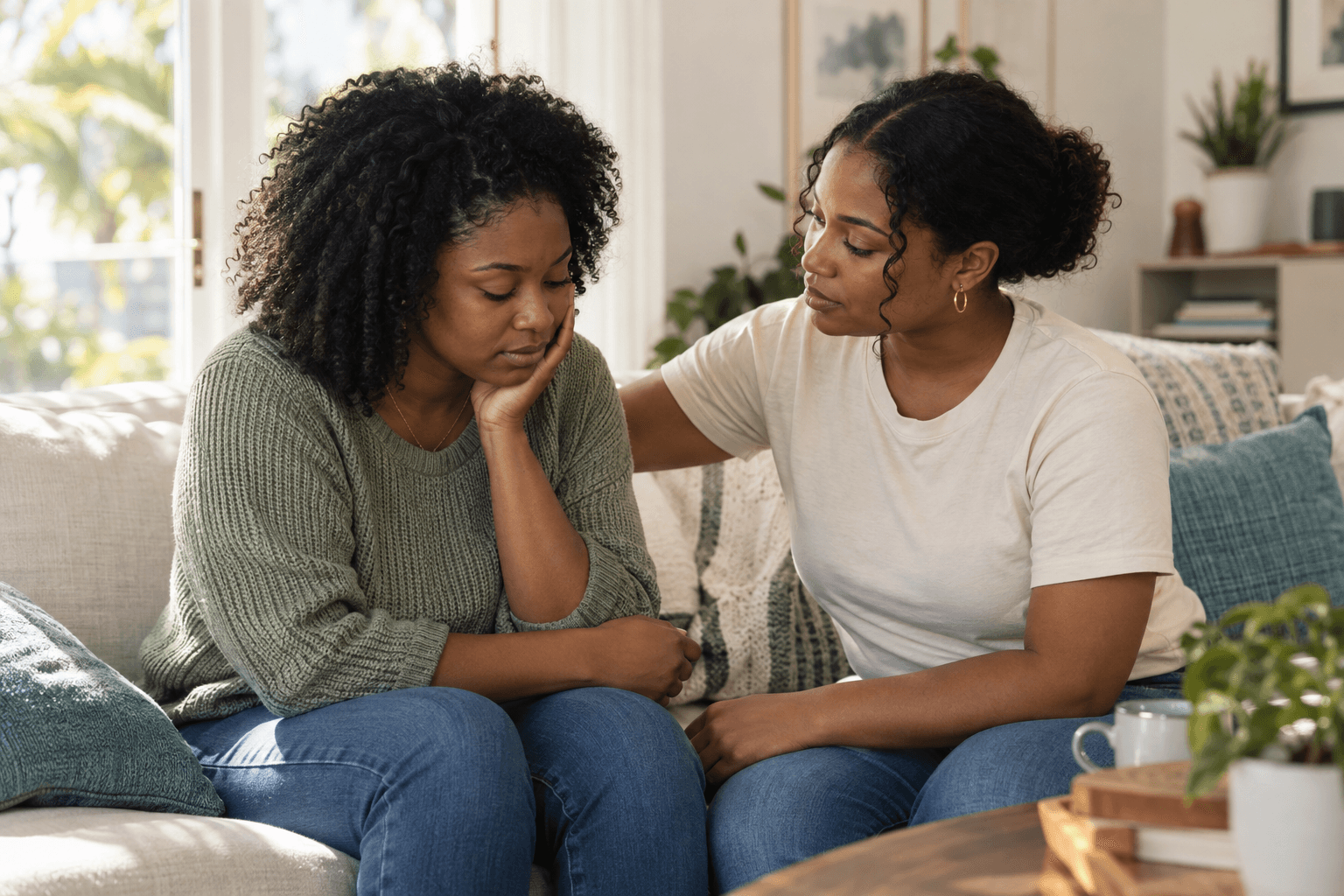 Illustrative scene of a young adult woman receiving support from a friend