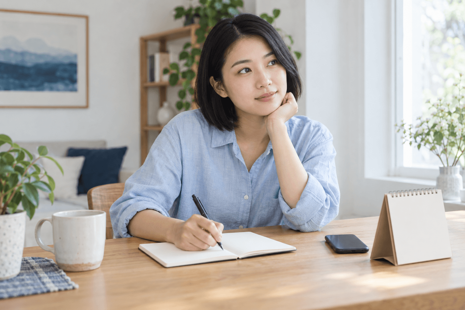 Illustrative scene of a young adult woman writing down questions about her next steps