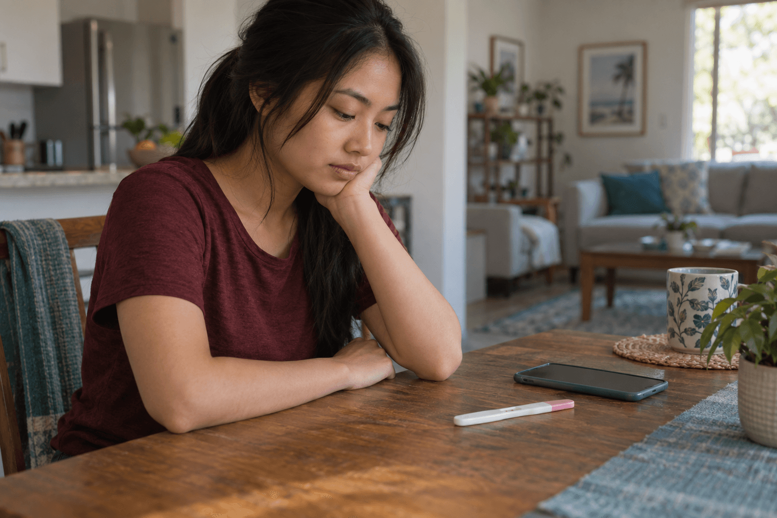Illustrative scene of a young adult woman considering a home pregnancy test; no result is shown